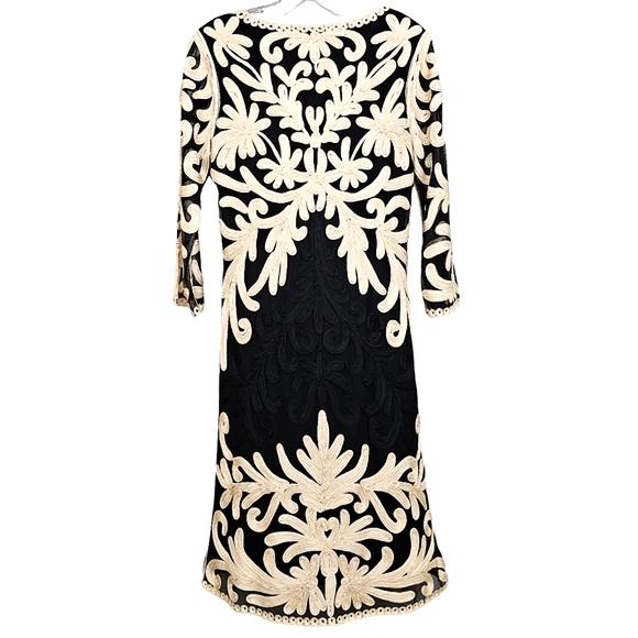 Nwot Weavz Black Mesh/ Creme Soutache Ribbon Embroidered Detail 3/4 Sleeve Dress - Picture 3 of 15